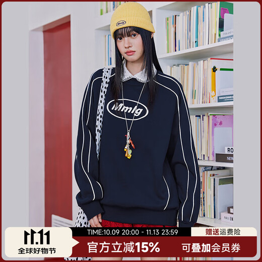 Mmlg velvet round neck sweatshirt for women and men 2025 new autumn and winter fashion line stitching embroidered logo couple tops dark blue S