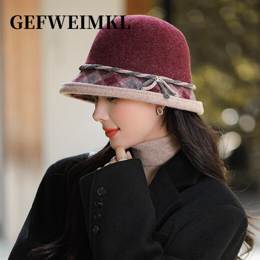GEFWEIMKL merino wool fisherman hat women's autumn and winter elegant fashion curled basin hat middle-aged and elderly mothers warm felt hat burgundy adjustable