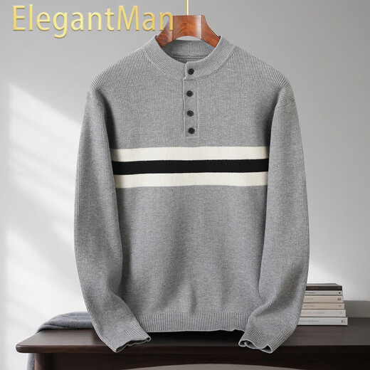 ElegantMan Half Turtleneck Sweater Men's Bottoming Sweater Autumn and Winter Casual Contrast Color Striped Henley Collar Trendy Sweater Light Gray S 165__ Suitable for 105-120Jin Jin equals 0.5 kg