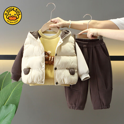 G.duck Little Yellow Duck Boys Winter Clothes Plush Three-piece Set 2025 New Beige 120 cm