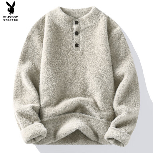 Playboy (PLAYBOY) Henry collar sweater men's mink velvet trendy knitted bottoming shirt casual warm top 2025 new autumn and winter M530 white M _ Recommended weight 90-110Jin Jin equals 0.5 kg