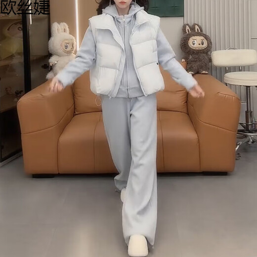OUSIJIE large size women's Korean style stand-up collar cotton vest fashionable versatile jacket with sweatshirt and sweatpants three-piece suit for women blue vest + blue top + blue pants L 105-120Jin Jin equals 0.5 kg