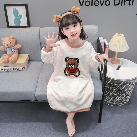 Girls autumn and winter flannel nightgown baby girl home clothes cute children girls coral velvet pajamas thickened sleeping bag off-white high density jacquard bear nightgown 90