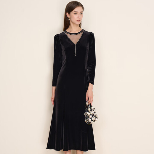 EITIE temperament and high-end banquet hollow beaded velvet fishtail dress 2025 winter new mother's wear 7977613 minimalist black 20 S (155)