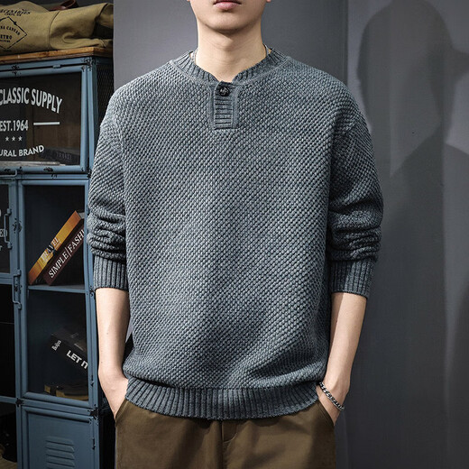 Le Xin Chao Autumn Trendy Japanese Retro Henley Collar Sweater Men's Pullover Loose Knitwear Autumn and Winter New Style Inner Sweater Floral Gray S (90-115Jin Jin is equal to 0.5kg)