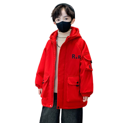 Boys winter red velvet jacket 2025 new thickened medium and large children's cotton coat windbreaker for boys and girls red 160 cm