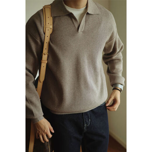Kazuki Kuraishi KAZUKI KURAISHI autumn new V-neck sweater pullover heavy sweater yarn-dyed lapel long-sleeved POLO shirt casual light mature style for men off-white XL