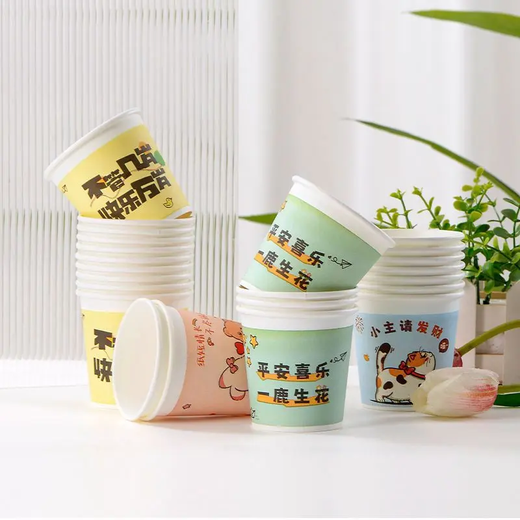 Wedding disposable paper cup thickened household water cup mouth cup office tea soy milk cup beverage ins style paper cup cartoon random pattern mix disposable model-color-100 pieces