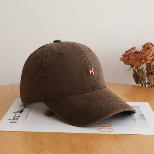 Japanese fashion simple baseball cap for women, brown pure cotton peaked cap, small H soft top wide brim hat for men, brown, one size fits all (55-61cm), adjustable