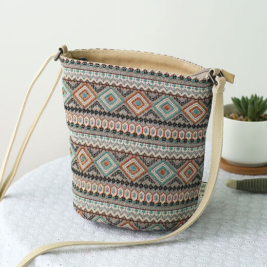 Ethnic style small cloth bag mobile phone small shoulder bag walking crossbody small bag small bucket bag sense of niche literature XK240719 round bucket small crossbody-checkered-dark blue
