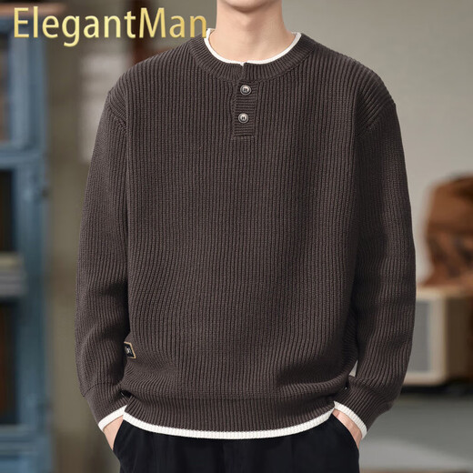 ElegantMan Henry Collar Sweater Men's 2025 New Autumn and Winter Loose Lazy Style Boys' Sweater Tops Men's Trendy Brown M_Suitable-135Jin Jin is equal to 0.5 kg
