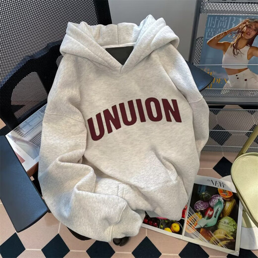 花灰色连帽加绒重磅卫衣男女2025秋冬厚款宽松时尚美式复古外套潮 米灰色 加绒 2XL