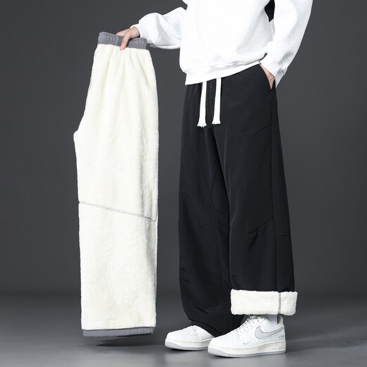 CLOR sherpa pants men's autumn and winter thickened velvet warm casual sports straight pants CL113 black XL