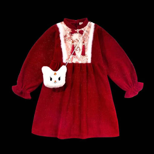 Disney (Disney) Girls New Chinese Style Red Velvet Dress 2025 Western Style Older Children's New Year's Clothes Winter Wear Festive Fashionable Skirt New Chinese Style Embroidered Velvet Dress Small Fragrance Style Without Bag 120 Recommended to wear 110cm height