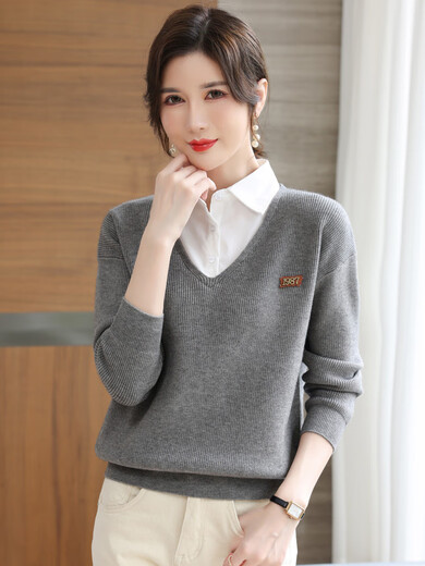 假两件女士毛衣秋款2025年新款女装长袖小衫衬衣领打底衫洋气上衣 1223绿色 均码