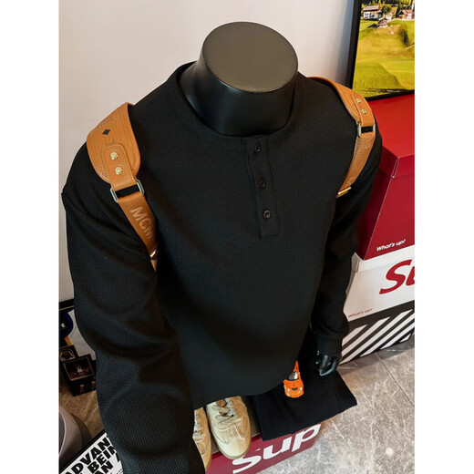 PUGESI Henry collar waffle long-sleeved t-shirt for men in spring and autumn American style shoulder polo sweatshirt heavy black inner layering shirt black regular M 80-100Jin Jin is equal to 0.5 kg