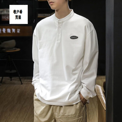Jiaojing autumn and winter simple heavy henley collar long-sleeved t-shirt men's spring and autumn loose large size sweatshirt American bottoming polo shirt trendy white cotton material L recommended 120-135Jin Jin equals 0.5 kg
