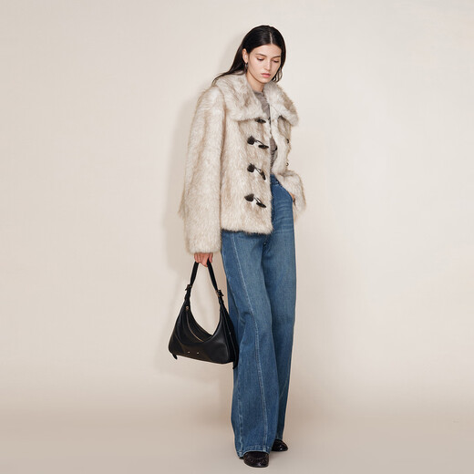 Fabrique Beige Gradient Imitation Fox Fur Large Lapel Horn Button Short Fur Jacket 2025 Winter Beige XS