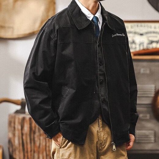 Jeanswest American retro heavyweight workwear jacket for men in autumn trendy brand casual loose washed Detroit jacket for men in spring and autumn black 2XL suitable for 160-180Jin Jin is equal to 0.5 kg