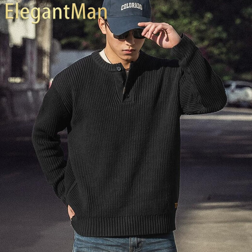 ElegantMan Henry Collar Sweater Men's Winter Heavyweight American Retro Thickened Warm Men's Loose Knitwear Autumn and Winter Black S _Suitable for 90-119Jin Jin is equal to 0.5 kg