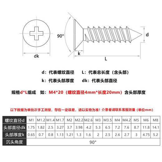 Bairite 304 stainless steel countersunk head self-tapping screws cross flat head self-tapping screws extended wood nails dry wall nails GB846 M5*50 20 pieces