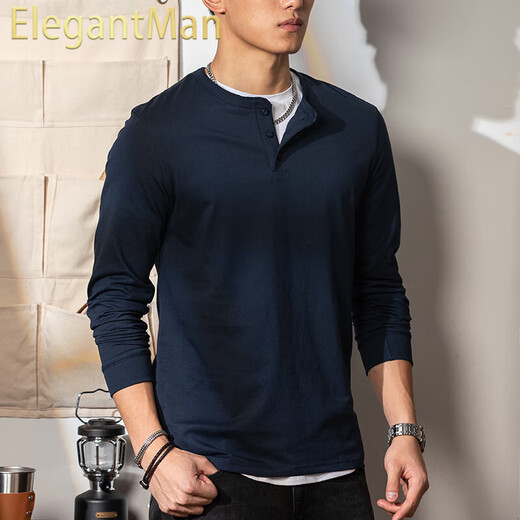 ElegantMan American retro royal blue cotton long-sleeved henley T-shirt open collar tough guy outer wear henley collar bottoming shirt men's autumn royal blue M