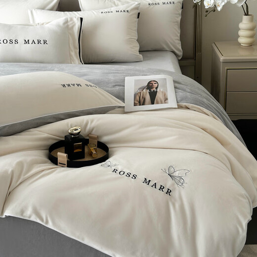 Xinneng Mercury Home Textiles produces winter Class A milk velvet four-piece set, thickened coral velvet bedding, skin-friendly and naked sleeping, baby velvet - white gray, fitted sheet, 1.8m four-piece set - quilt cover 220x240cm