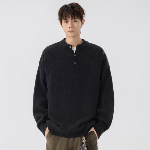 Reaching for the Stars Boys Men's Casual Henry Collar Bottoming Shirt Retro Sweatshirt Men's New Thickened Warmth Autumn and Winter Premium Sense JCDM-MY109 Light Gray XL