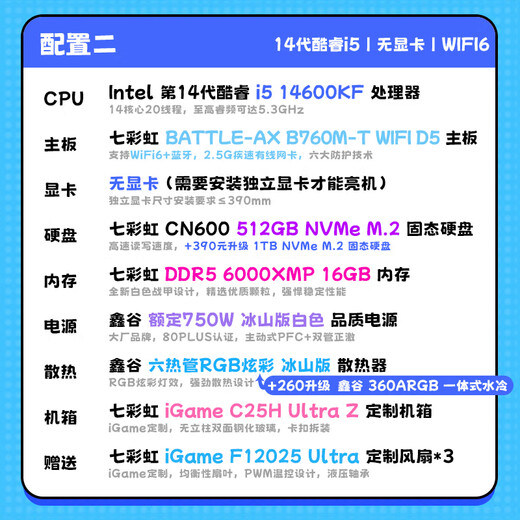 Colorful iGame computer i5 12600KF/RTX5060Ti RTX5070 desktop computer e-sports high-end game design rendering live broadcast DIY assembly host with two i5 14600KF + no graphics card + DDR5