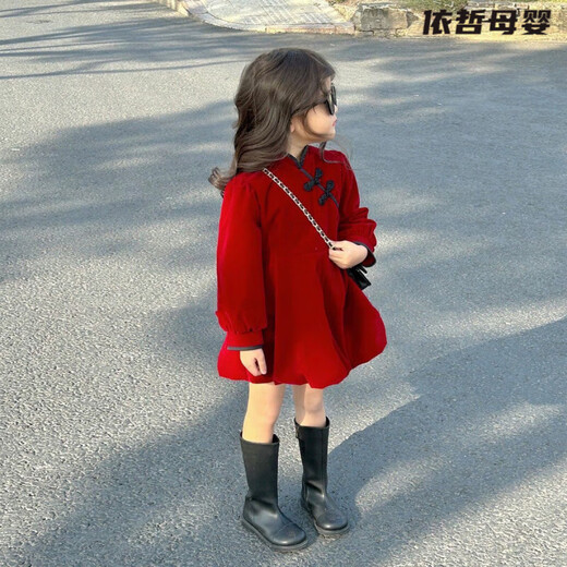One-year-old girl baby clothes winter scratching dress Chinese style children's clothing new New Year 2025 girls plus velvet baby Yang red plus velvet high quality 90