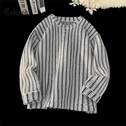 Cebrodz French Sweater Men's Autumn and Winter Herringbone Henley Collar Loose Clothes American Knitwear Trendy Brand Casual Jacket White L