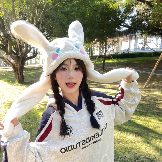 毛绒帽子女耳朵会动的帽子围巾一体可爱冬季雷锋帽防寒保暖护耳帽 奶白色护耳帽【耳朵可动】