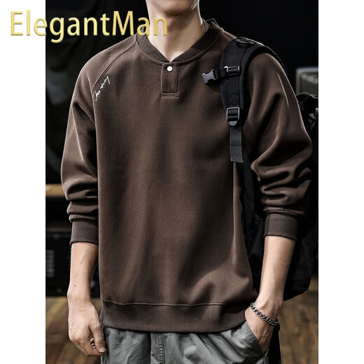ElegantMan American retro heavyweight double-sided cotton sweatshirt for men 2025 autumn new loose Henry collar long-sleeved shirt for men dark brown M _suitable_-125Jin Jin is equal to 0.5 kg