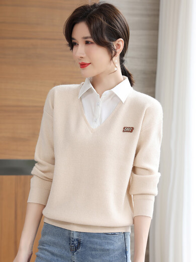 假两件女士毛衣秋款2025年新款女装长袖小衫衬衣领打底衫洋气上衣 1223绿色 均码