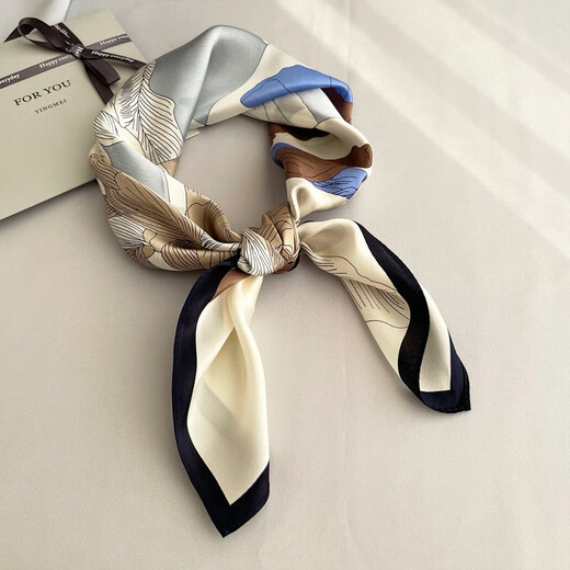 Elegant, intellectual and beautiful printed beige silk square scarf for women with mulberry silk hair tie scarf and hair tie scarf blue_ready in stock