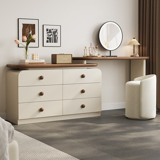 Shengjiang Liangcai dressing table cream style 2025 new solid wood painted drawer cabinet integrated bedroom bedside table modern simple storage cabinet walnut handle three drawer cabinet + 1 meter dressing table + stool E0 grade solid wood multi-layer board
