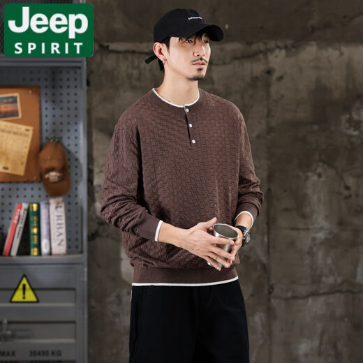 JEEP SPIRIT Sweater Men's Autumn and Winter New American Retro Henry Collar Jacquard Trendy Casual Sweater Men's Black XL