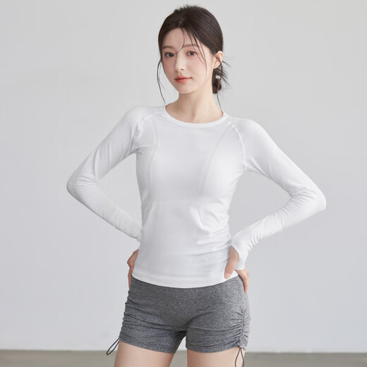 Youyou round neck quick-drying yoga clothes for women slim and elastic sports long-sleeved Pilates running training fitness clothes Falling cherry powder seamless one-piece weaving S recommended 80-95 Jin Jin equals 0.5 kg