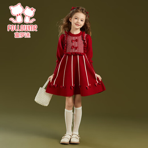 Fuluo Mi Girls Dress Winter Sweet and Fashionable Princess Knitted Skirt Little Girl Thickened Sweater Skirt Red 150