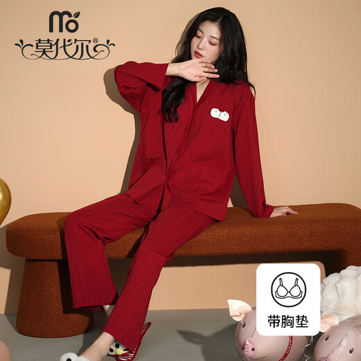 Modal Couple Pajamas Women's Spring and Autumn Pure Cotton Big Red Wedding Suits with Breast Pads New Year's Eve Home Clothes 8048 Women with Breast Pads L