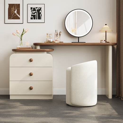 Shengjiang Liangcai dressing table cream style 2025 new solid wood painted drawer cabinet integrated bedroom bedside table modern simple storage cabinet walnut handle three drawer cabinet + 1 meter dressing table + stool E0 grade solid wood multi-layer board