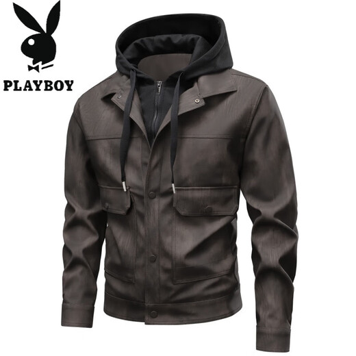 Playboy (PLAYBOY) Leather Men's Jacket 2025 New Autumn and Winter Trendy Brand Plus Velvet Warm and Handsome Fake Two-piece Detachable Hooded Leather Jacket Brown M
