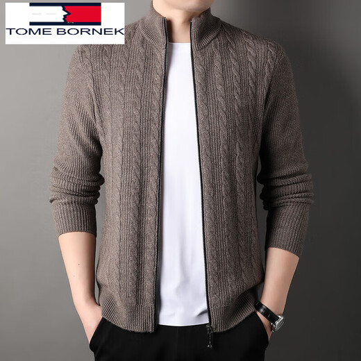 TOME BORNEK Tommy Tommy Wool Sweater Zipper Cardigan Men's Autumn and Winter Korean Style Stand Collar Sweater Jacket Herringbone Jacquard Khaki M