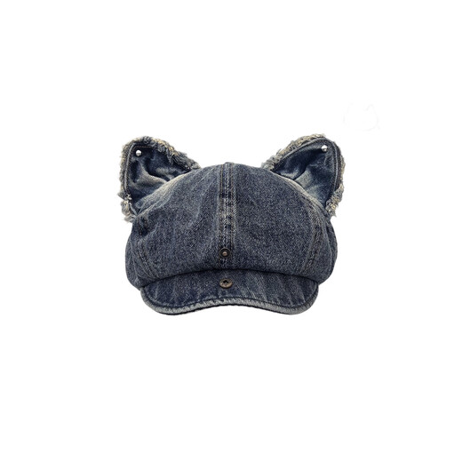 Japanese folded brim cute cat ears washed old octagonal hat for women versatile literary retro denim newsboy beret light color M (56-58cm