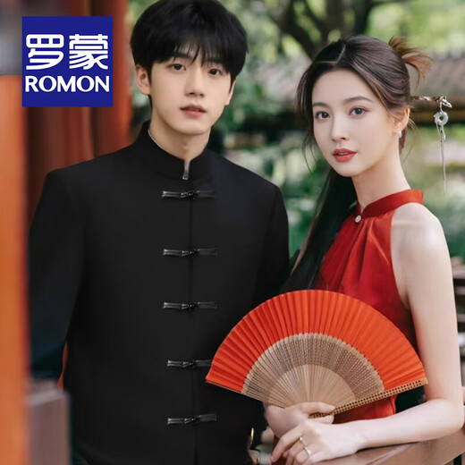 ROMON New Chinese style stand collar tunic suit suit for men engagement wedding groom Chinese style buckle Tang suit suit jacket black jacket + pants L (recommended 142-155 Jin Jin equals 0.5 kg)