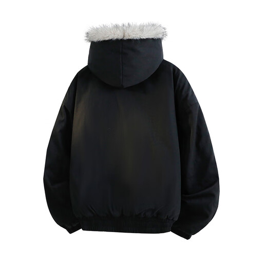 VUUG high street fur collar cotton coat for men and women in winter loose plus velvet and thickened mountain sculpture style overcoat cotton coat black L