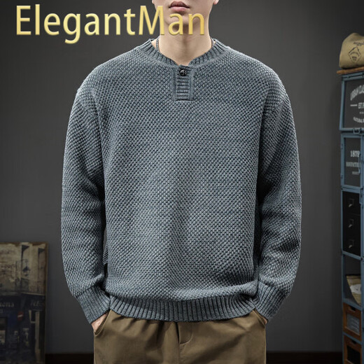 ElegantMan Autumn Trendy Japanese Retro Henley Collar Sweater Men's Pullover Loose Knitwear Autumn and Winter New Style Inner Sweater Floral Gray S _Suitable Weight 90-115Jin Jin is equal to 0.5 kg