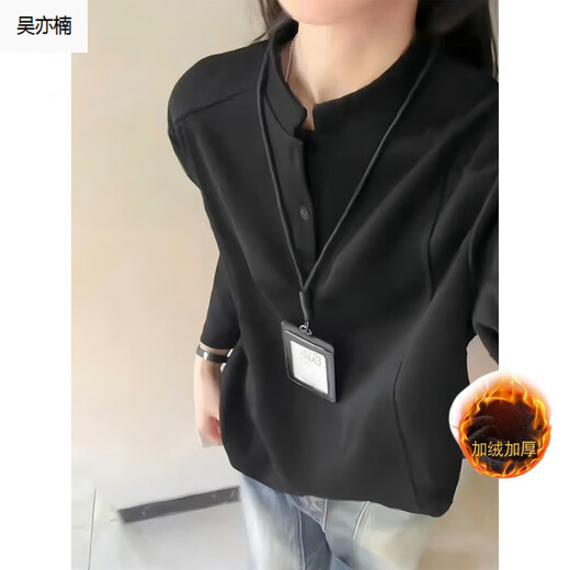 Wu Yinan American heavyweight velvet Henry collar inner layering shirt men's cleanfit simple right shoulder slim long-sleeved sweatshirt Black plus velvet models are in stock and ready to ship Black plus velvet 5XL