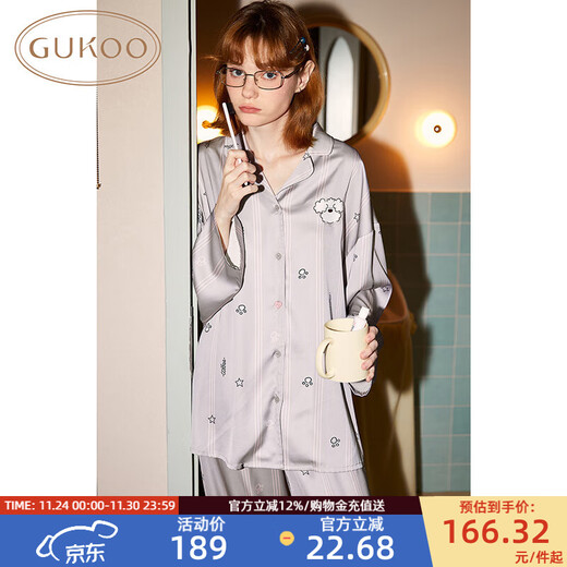 Gukoo Couple Pajamas Spring and Autumn Style miiiiichan Series Cartoon Full Print Lapel Long Sleeve Women's Homewear Suit Men's Mist Gray Women's Suit M
