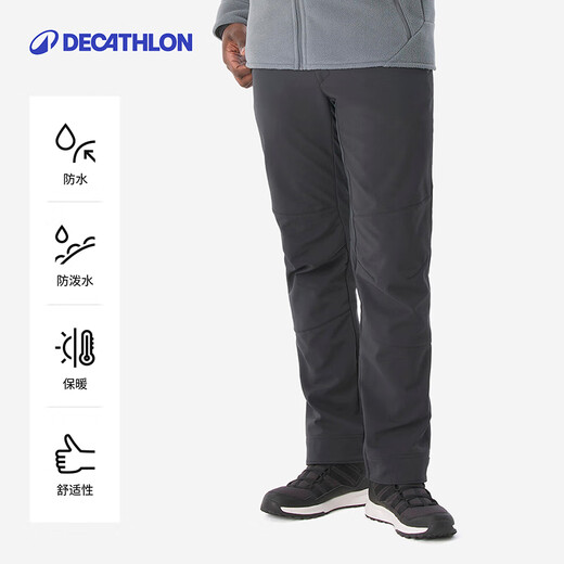 DECATHLON outdoor fleece pants for men, plus velvet, thickening, breathable, warm, water repellent, loose trousers, windproof trousers, soft shell pants, black gray M/L / W33 L31 42